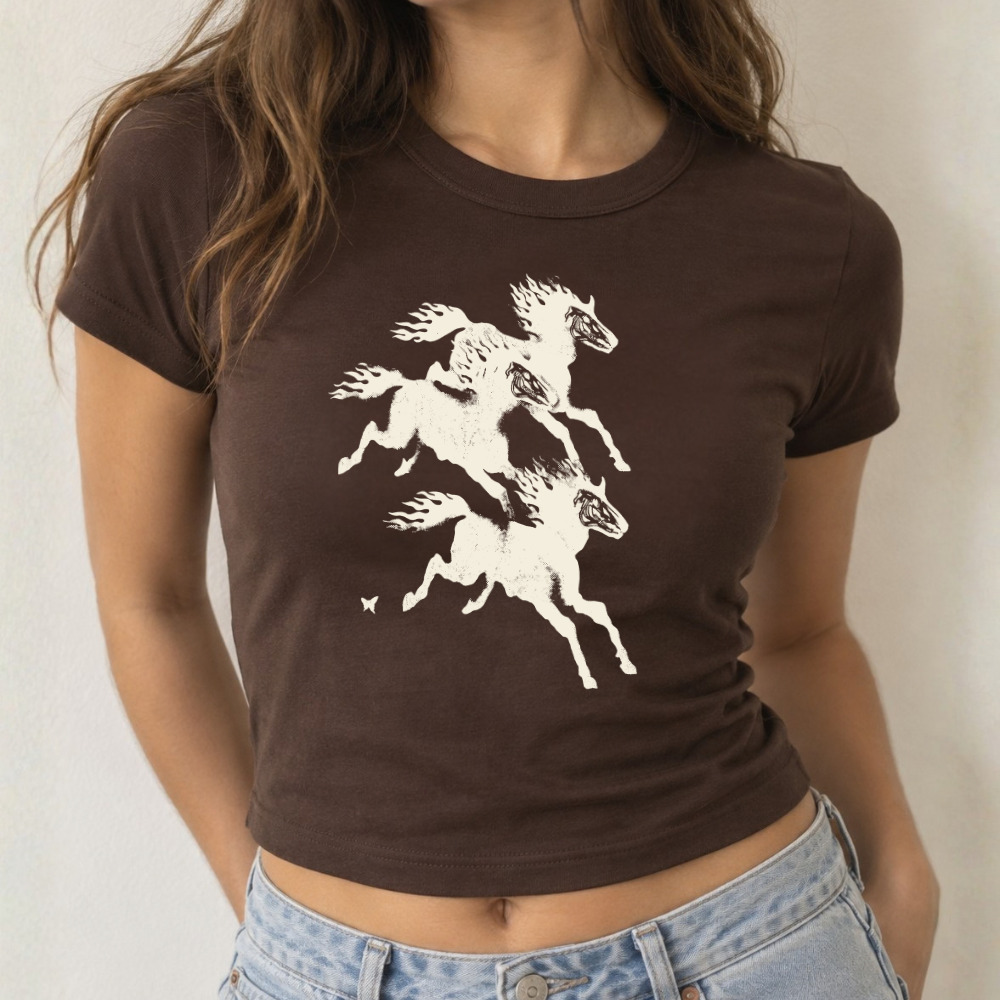 Western Wild Horses Running Stampede Cream Graphic Brown Baby Tee